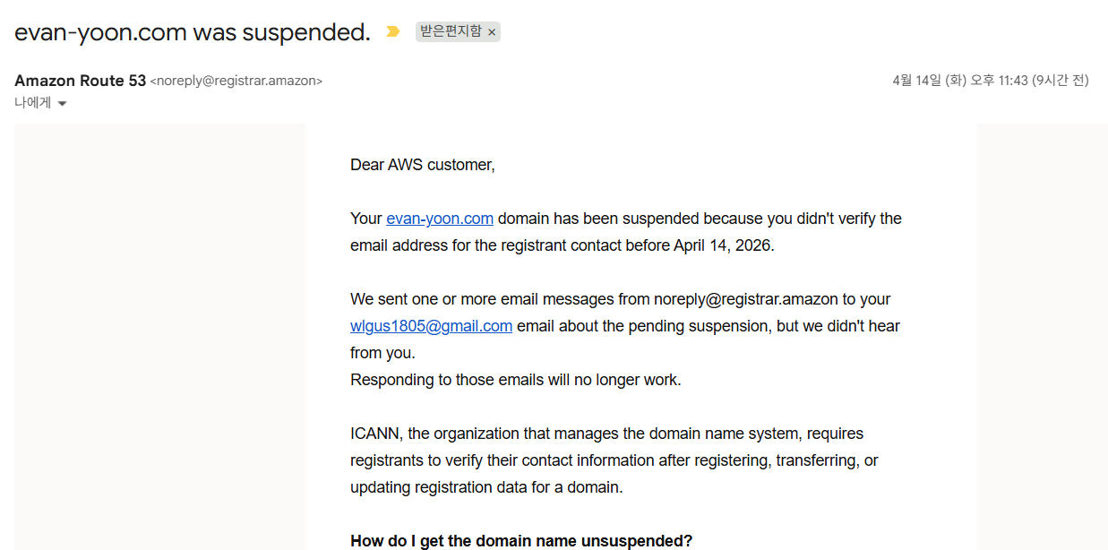 도메인 suspended 메일을 처음 보고 놀랐던 순간