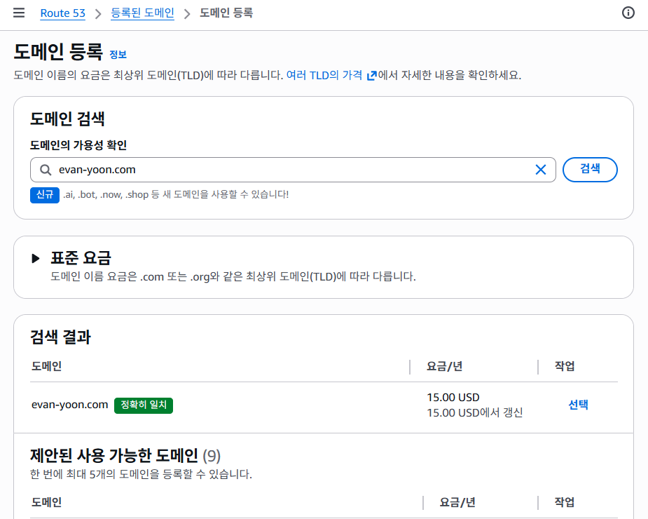 Route53에서 evan-yoon.com 도메인을 검색하던 화면
