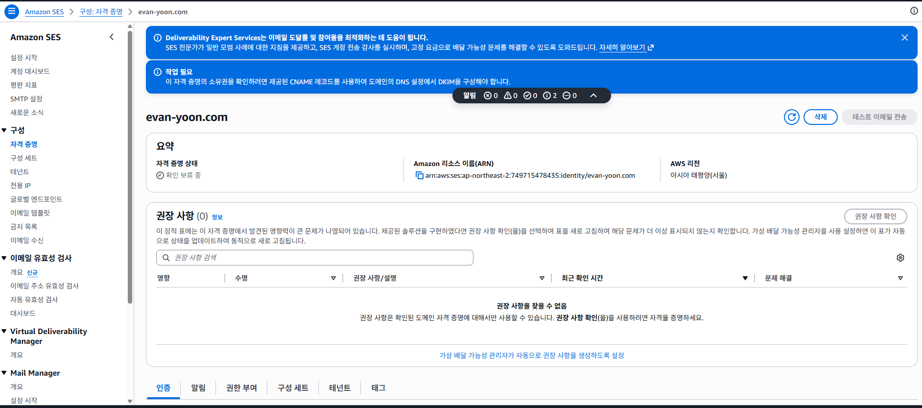 DNS 검증 레코드를 연결한 뒤 확인 보류 상태를 보던 화면